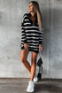 Striped O-Ring Zip Front Collared Drop Shoulder Long Sleeve Sweater Dress